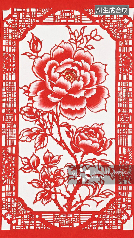 【AI数字艺术】红色剪纸艺术中的牡丹花图案图片素材