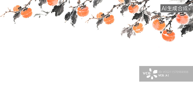 【AI数字艺术】枝头上的柿子装饰边框水墨画居上图片素材