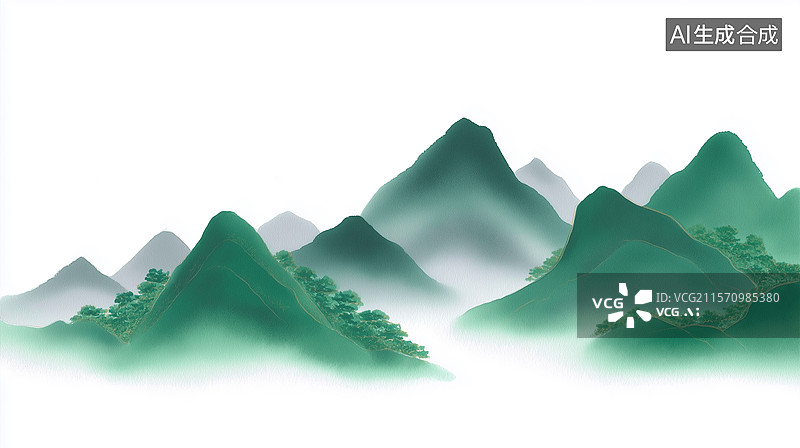 【AI数字艺术】水墨画风格的深绿色群山图片素材