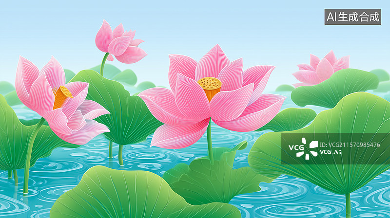 【AI数字艺术】夏日荷塘粉色荷花插画图片素材