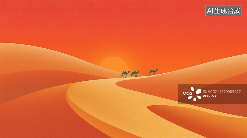 【AI数字艺术】沙漠夕阳下的骆驼队插画图片素材