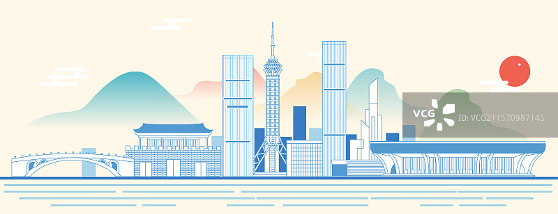 石家庄复古蓝地标建筑城市天际线新中式图片素材