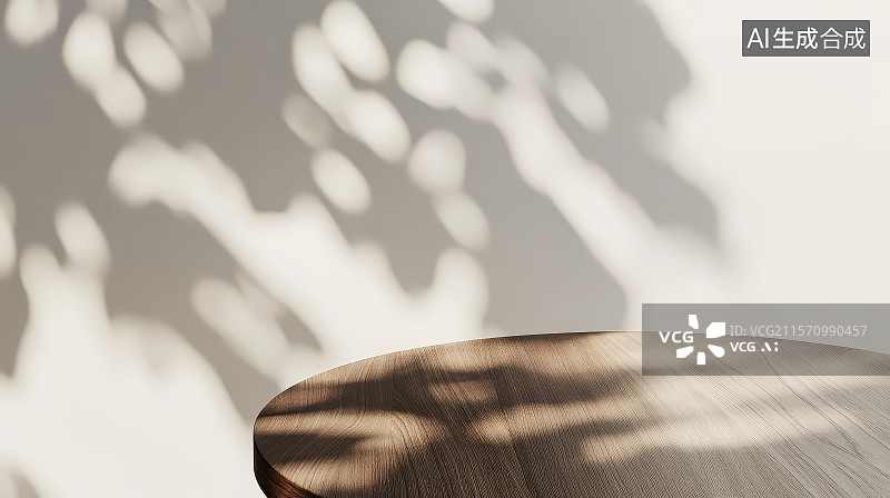 【AI数字艺术】3D渲染阳光光影圆形木质底座电商产品展台图片素材