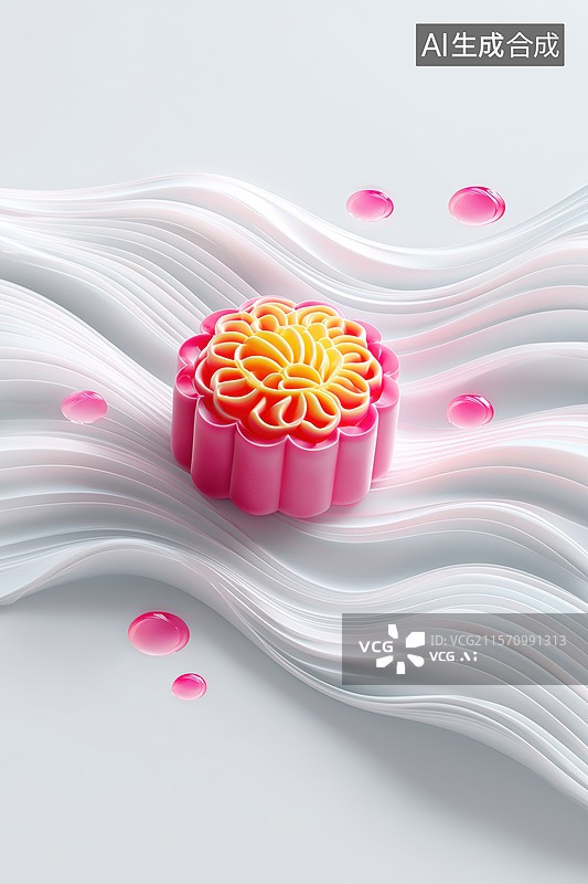 【AI数字艺术】中秋节丝绸上的温柔粉色月饼3D立体卡通插画图片素材