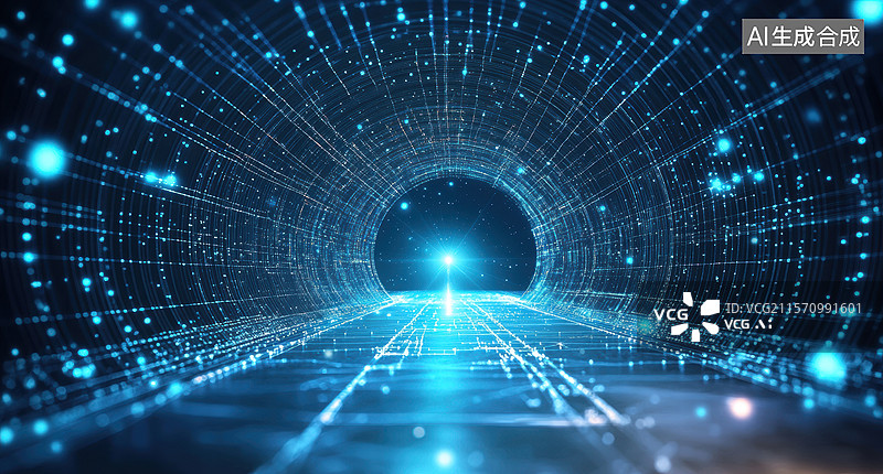 【AI数字艺术】一个充满未来感的虚拟隧道。隧道由无数发光的蓝色光点和线条组成，形成一个网络状的结构。图片素材