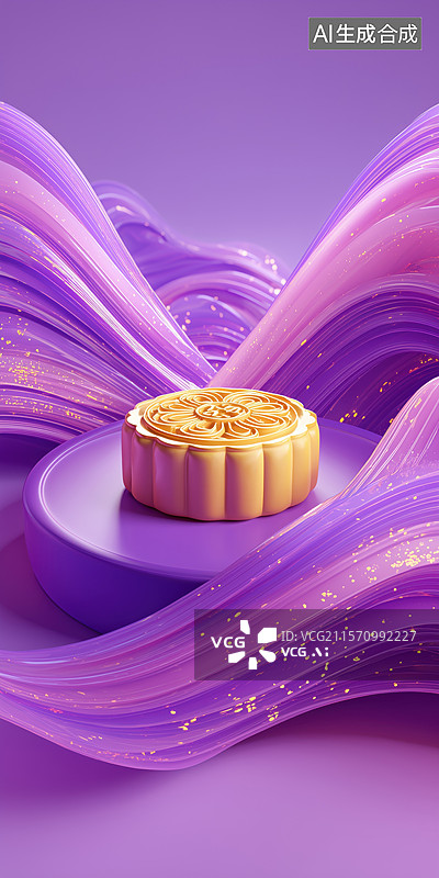 【AI数字艺术】中秋节丝绸上的紫色优雅月饼3D立体插画图片素材