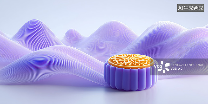 【AI数字艺术】中秋节丝绸上的紫色优雅月饼3D立体插画图片素材