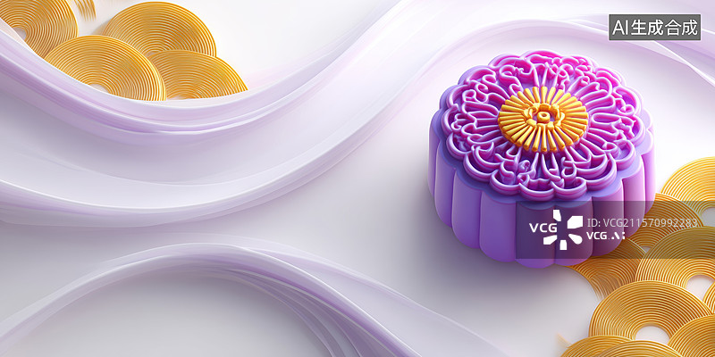 【AI数字艺术】中秋节丝绸上的紫色优雅月饼3D立体插画图片素材