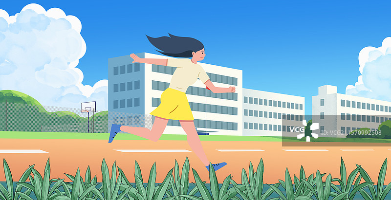 校园校内青春回忆学生时代操场奔跑学生锻炼身体晨练教学楼晴天女孩阳光活力场景插画图片素材