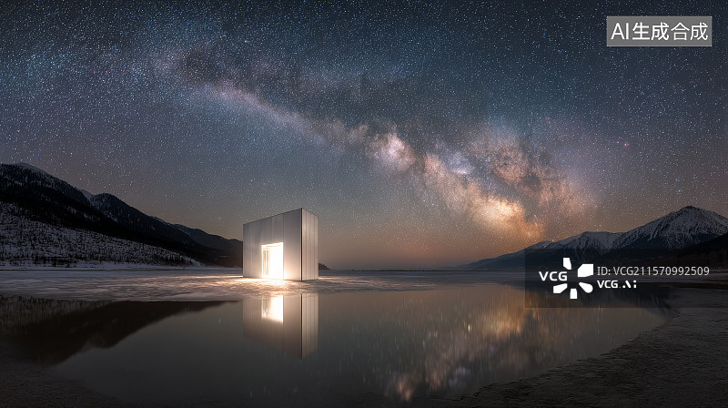 【AI数字艺术】星空下的雪山倒影图片素材