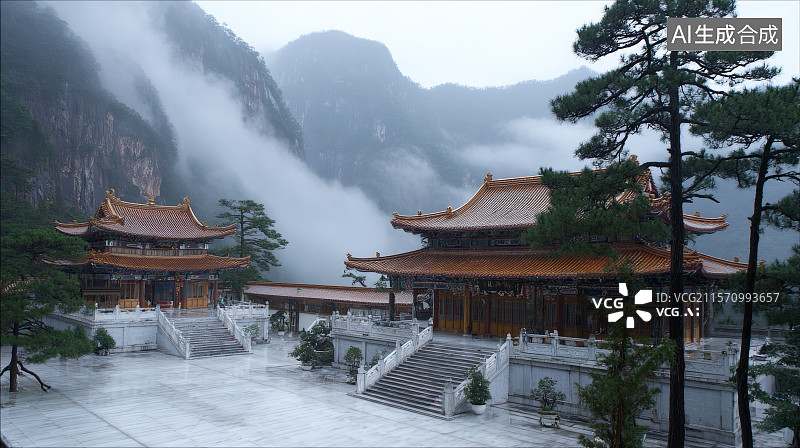 【AI数字艺术】云端中国古建筑，悬空寺，中国文化图片素材