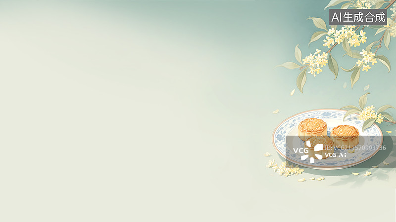 【AI数字艺术】桂花树下的月饼装饰边框水墨画居右图片素材