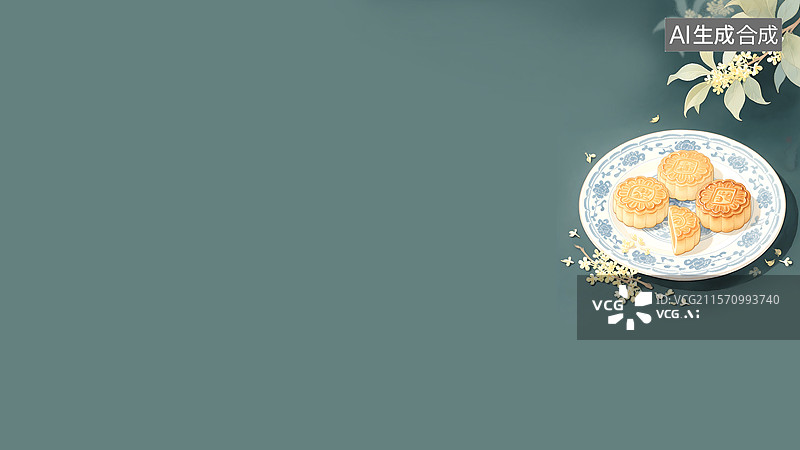 【AI数字艺术】桂花树下的月饼装饰边框水墨画右上图片素材