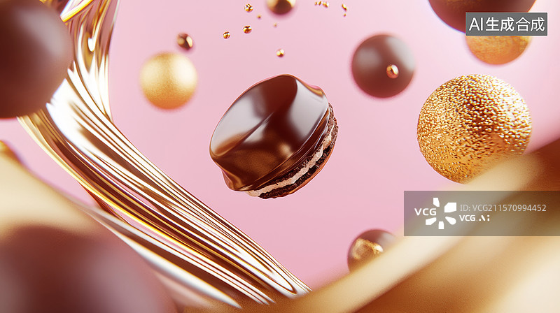 【AI数字艺术】3D巧克力果仁糖浮空掉落流动热巧克力曲线动感甜品零食食物摄影美味轻奢粉色金色时尚浪漫情人节多巴胺背景图片素材