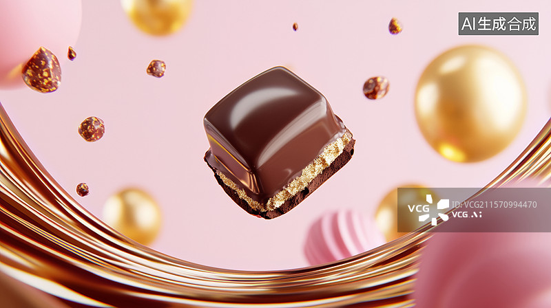 【AI数字艺术】3D巧克力果仁糖浮空掉落流动热巧克力曲线动感甜品零食食物摄影美味轻奢粉色金色时尚浪漫情人节多巴胺背景图片素材
