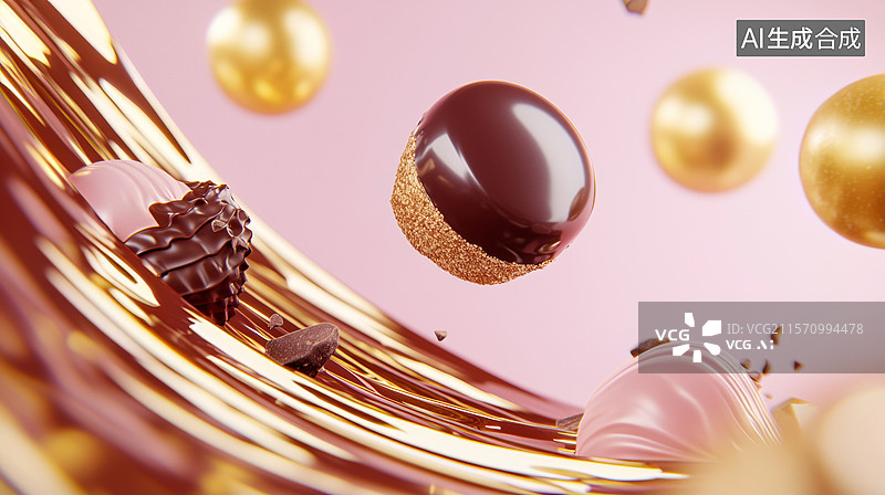 【AI数字艺术】3D巧克力果仁糖浮空掉落流动热巧克力曲线动感甜品零食食物摄影美味轻奢粉色金色时尚浪漫情人节多巴胺背景图片素材