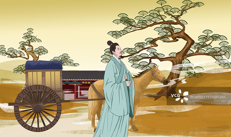 中国风新中式古风古典传统文化古装古人古代古时候历史国学经典宋代宋朝苏轼马车驿站场景松树插画图片素材
