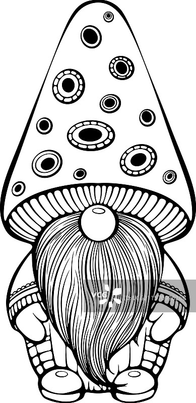 蘑菇帽子上的侏儒线条艺术图片素材