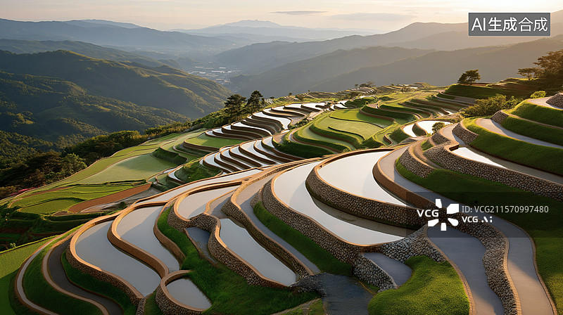 【AI数字艺术】梯田日落图片素材