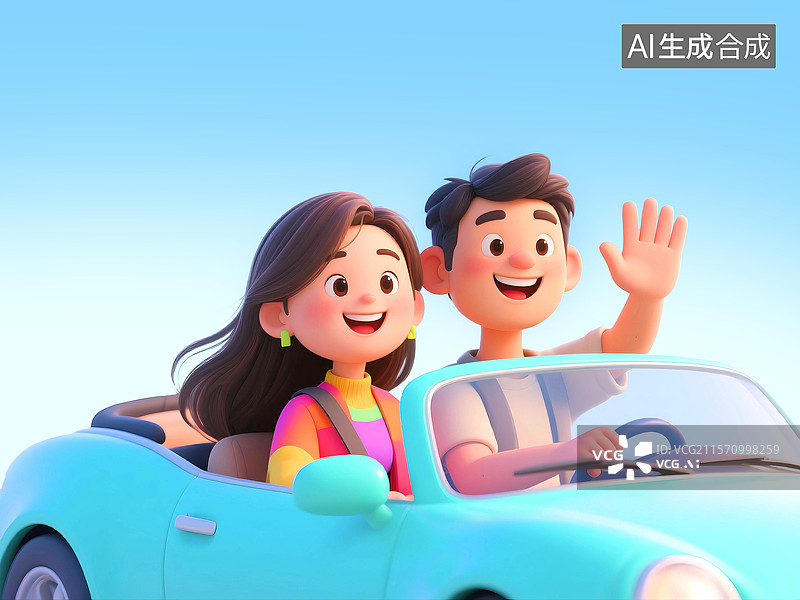 【AI数字艺术】3D三维C4D时尚活力的情侣青年伴侣驾驶车旅行旅游度假放松休闲交通道路安全图片素材