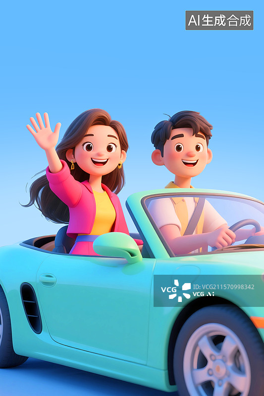 【AI数字艺术】3D三维C4D时尚活力的情侣青年伴侣驾驶车旅行旅游度假放松休闲交通道路安全图片素材