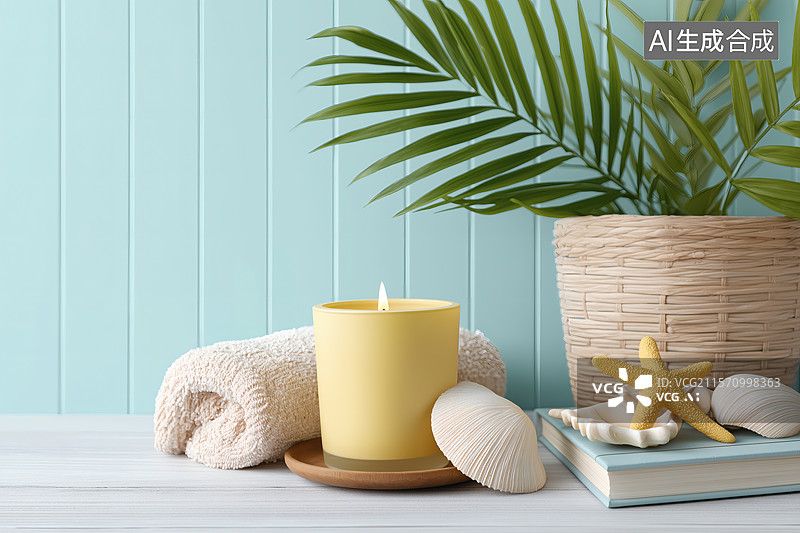 【AI数字艺术】香薰蜡烛与贝壳的宁静意境图片素材