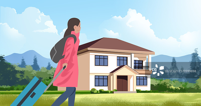 家庭家乡老乡老家农村农业农田乡村振兴乡下乡民春运回家思乡别墅房子院子山川地理环境插画图片素材