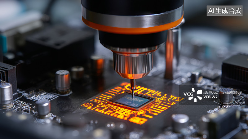 【AI数字艺术】高精度机械臂正在芯片上精密雕刻图案图片素材