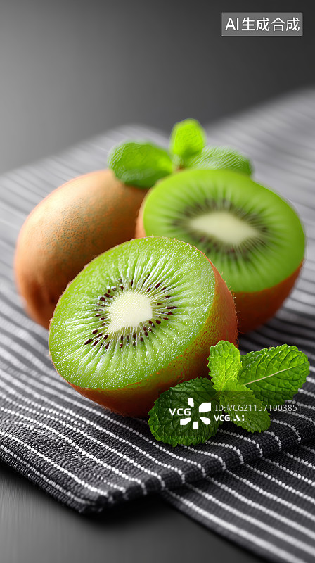 【AI数字艺术】切开的猕猴桃与薄荷叶图片素材