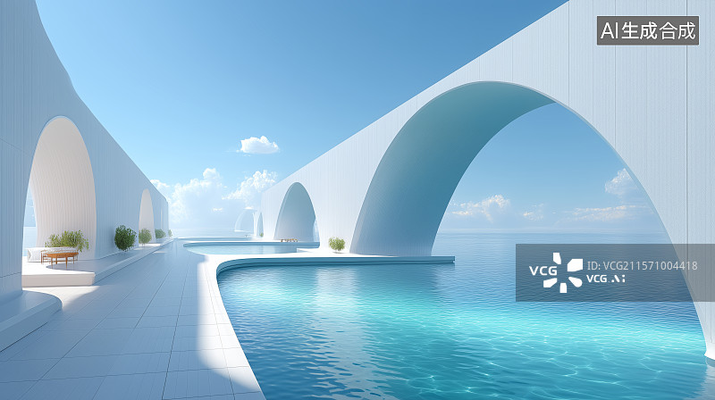 【AI数字艺术】现代建筑与水池景观图片素材