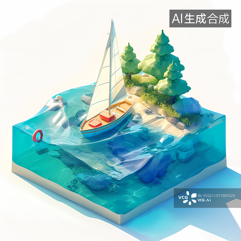 【AI数字艺术】蓝色风格海浪帆船插图背景图片素材