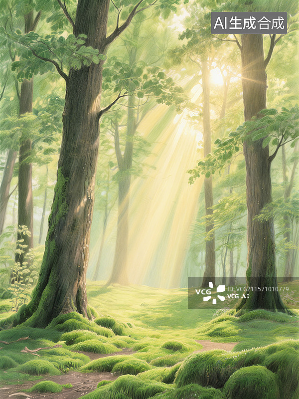 【AI数字艺术】阳光透过树叶，绿意盎然，充满生机图片素材