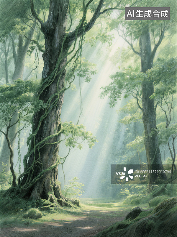 【AI数字艺术】阳光透过茂密森林，树木枝叶繁茂绿意盎然图片素材