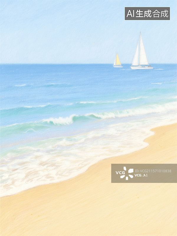 【AI数字艺术】阳光明媚的海滩上，海浪轻拍沙滩，远处两艘帆船在蔚蓝的海面上航行图片素材