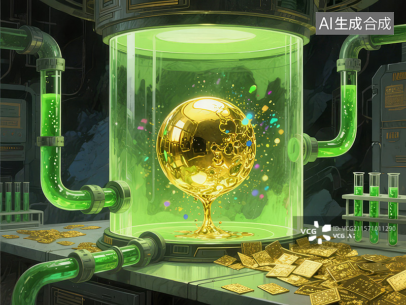 【AI数字艺术】实验室中的金色球体与绿色液体图片素材