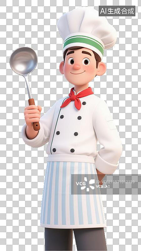 【AI数字艺术】3D渲染免抠图形元素举着锅铲的卡通男性厨师图片素材