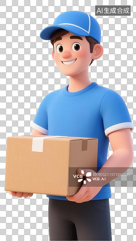 【AI数字艺术】3D渲染免抠图形元素抱着纸箱的卡通快递员图片素材