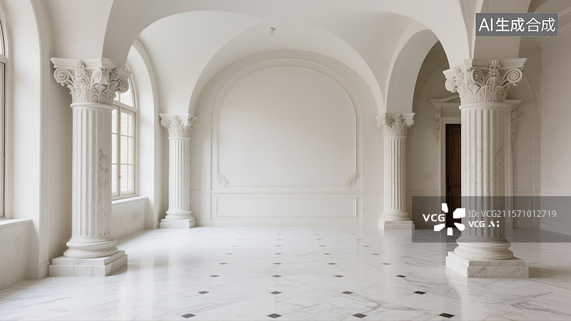 【AI数字艺术】古典优雅大厅：大理石与拱形立柱的奢华空间图片素材