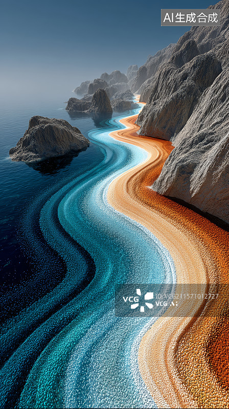 【AI数字艺术】梦幻海岸线的沙滩与海浪曲线图图片素材