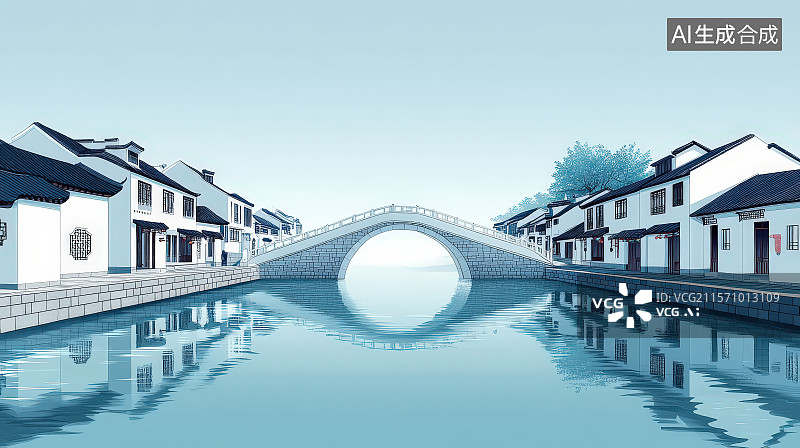 【AI数字艺术】江南水乡古代历史建筑风格房子和拱桥图片素材