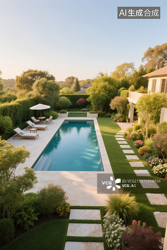 【AI数字艺术】现代生态庭院：泳池与太阳能的惬意融合图片素材