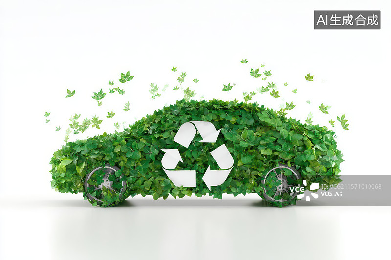 【AI数字艺术】绿植覆盖环保汽车与回收标志特写图片素材