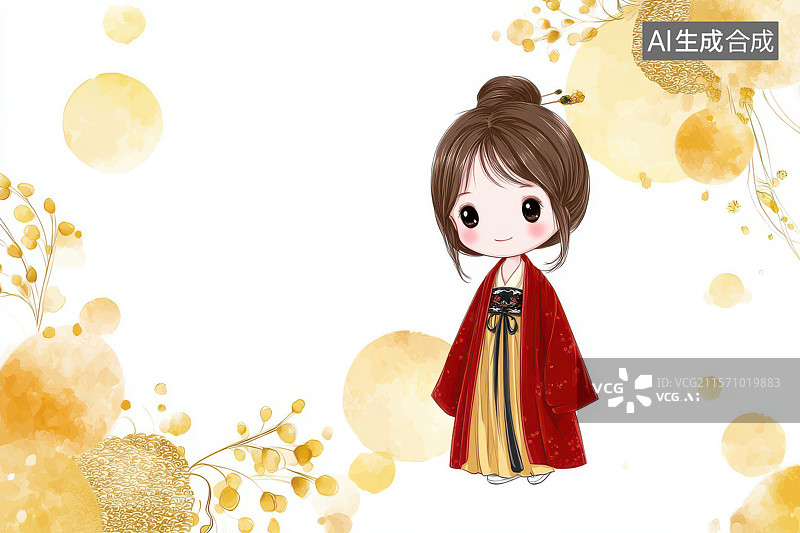【AI数字艺术】红衣汉服丸子头古风卡通少女插画图片素材