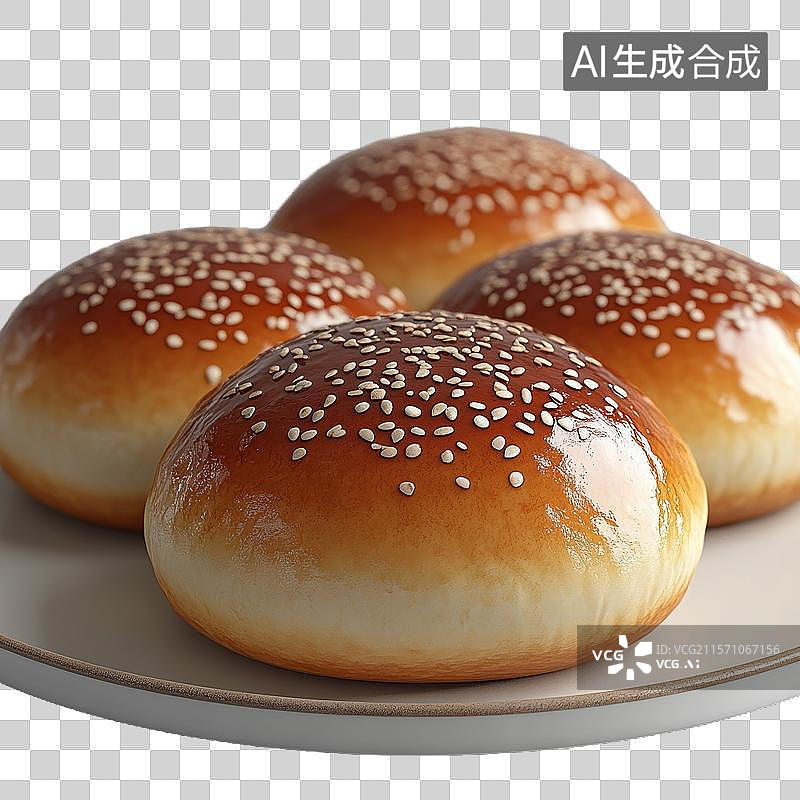 【AI数字艺术】四个芝麻面包放在白色盘子上图片素材