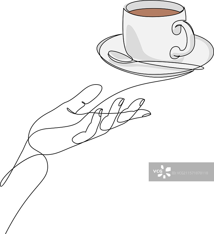 一笔画描绘的手握着咖啡杯图片素材