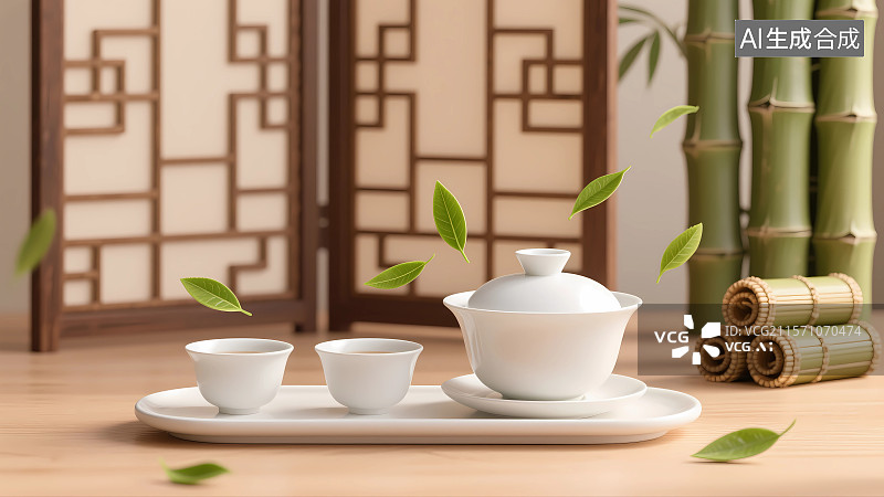 【AI数字艺术】中国风盖碗茶与绿色茶叶图片素材