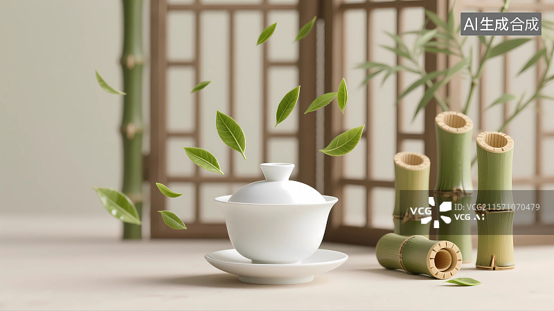 【AI数字艺术】中国风盖碗茶与绿色茶叶图片素材