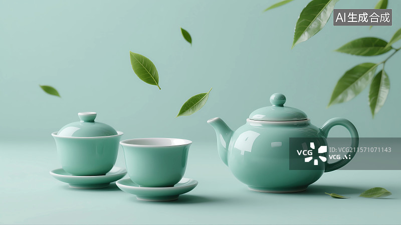 【AI数字艺术】绿色陶瓷茶壶与茶杯图片素材