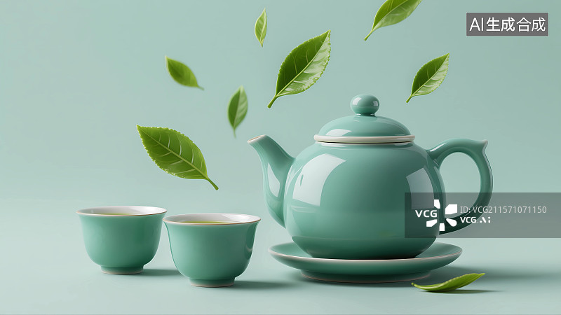 【AI数字艺术】绿色陶瓷茶壶与茶杯图片素材