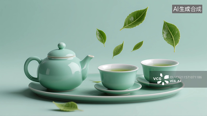 【AI数字艺术】绿色陶瓷茶壶与茶杯图片素材